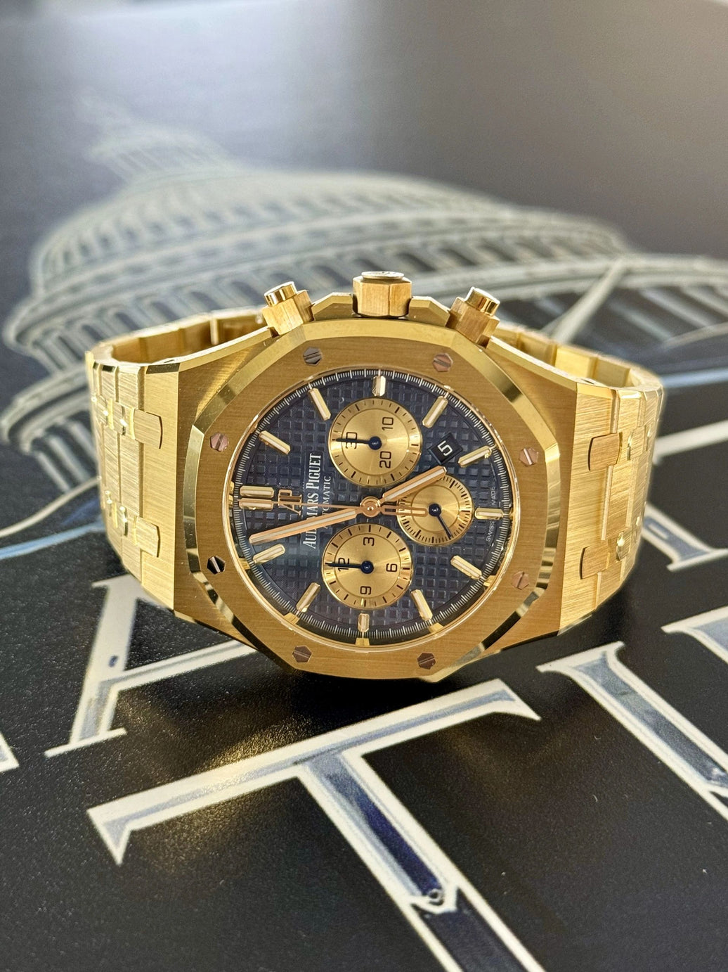 SOLD!!! Audemars Piguet Royal Oak Chronograph Yellow Gold w/Blue Dial - SLIDER Complete