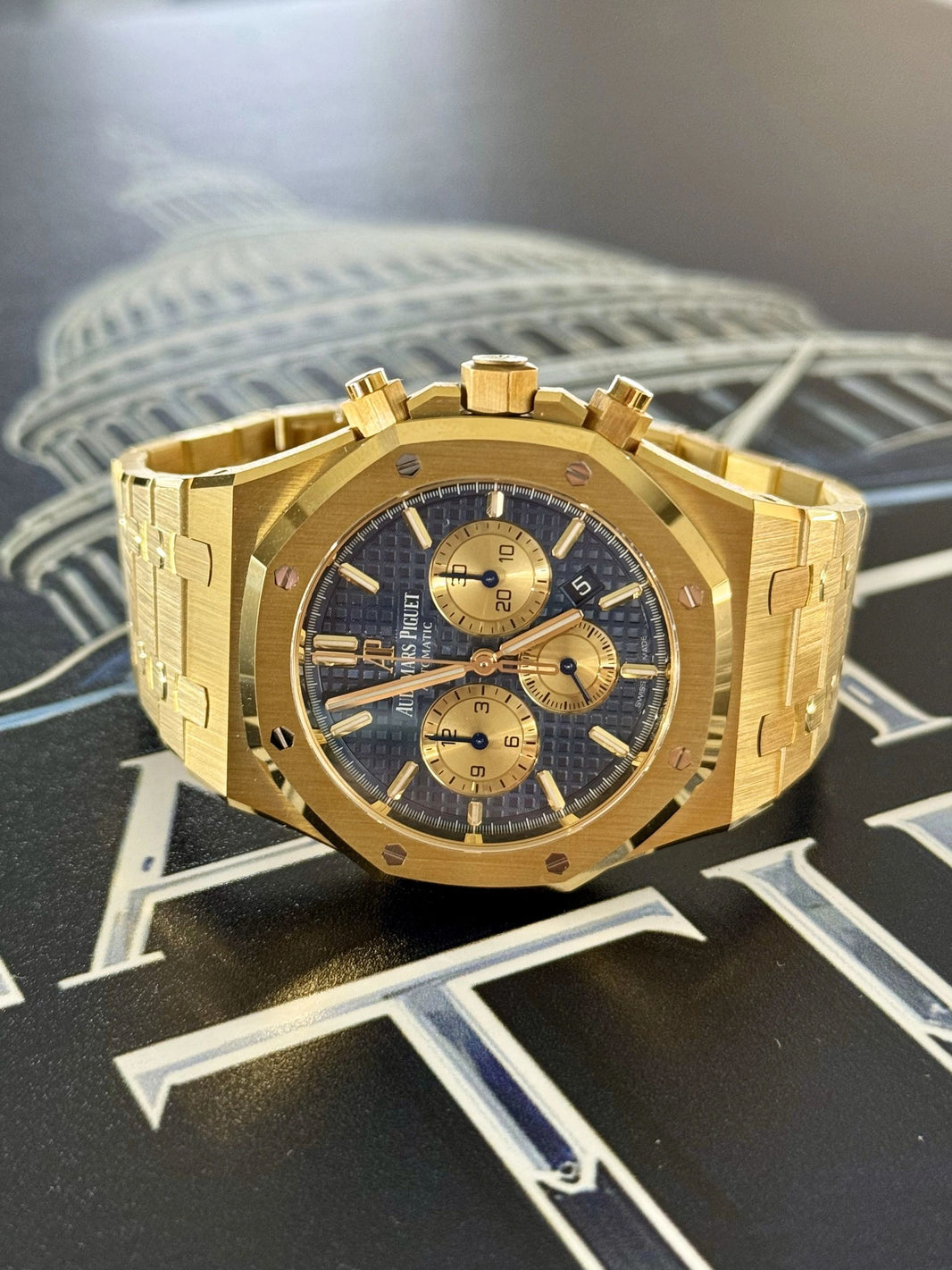 SOLD!!! Audemars Piguet Royal Oak Chronograph Yellow Gold w/Blue Dial - SLIDER Complete